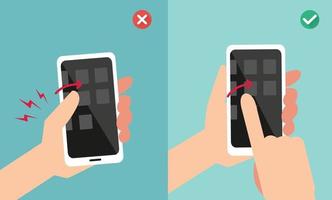 Improper vs proper hand holding and touching smart phone vector