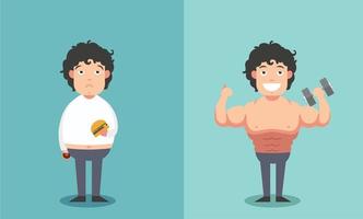 antes y después del hombre en concepto de formas gordas y delgadas vector