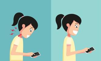 Improper vs proper hand holding and playing smart phone vector