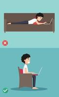 Best and worst positions for use laptop vector