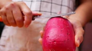 Close-Up of Woman's Hand Peeling a Red Radish video