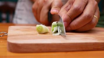 Weibchen mit einem Küchenmesser, um japanische lange Zwiebeln zu schneiden video