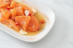 Fresh salmon raw marinated shoyu or salmon pickled soy sauce - Asian food style
