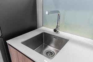 Clean stainless steel sink in with counter tops