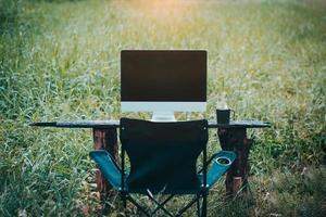 Outdoor office with coffee cup photo