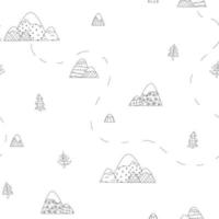 negro blanco patrón viajes dibujados a mano doodle montañas bosque árboles vector