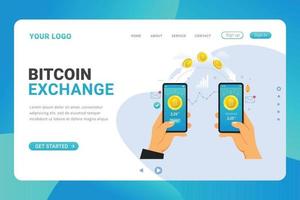 Landing page template bitcoin exchange transaction on mobile app vector