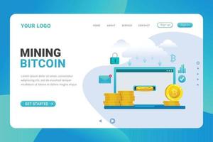 Landing page template mining bitcoin on laptop design concept vector