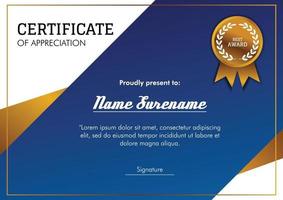 certificate of apreciation design template with gold badge vector