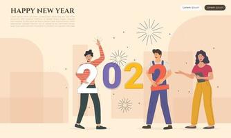 feliz año nuevo 2022 personajes conectan números de año nuevo vector