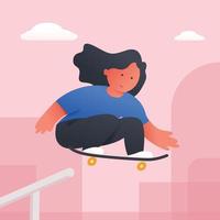 linda niña jugando patineta en diseño plano de moda vector