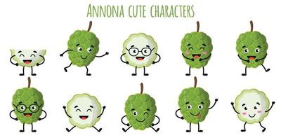 Annona Fruit lindos personajes divertidos con diferentes emociones. vector