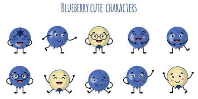 Blueberry fruit cute funny characters  with different emotions vector
