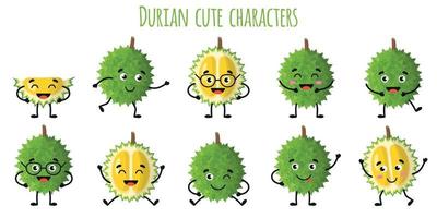 Fruta durian lindos personajes divertidos con diferentes emociones. vector