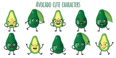 Fruta de aguacate lindos personajes divertidos con diferentes emociones. vector