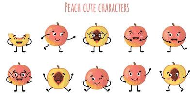 Peach fruit cute funny characters  with different emotions vector