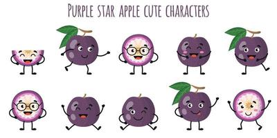 manzana estrella morada fruta lindos personajes divertidos con diferentes emociones vector