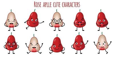 fruta de manzana rosa lindos personajes divertidos con diferentes emociones vector