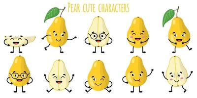 Pear fruit cute funny characters with different emotions vector