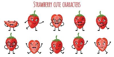 Strawberry fruit cute funny characters with different emotions vector