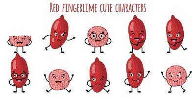 Red fingerlime fruit cute funny characters with different emotions vector