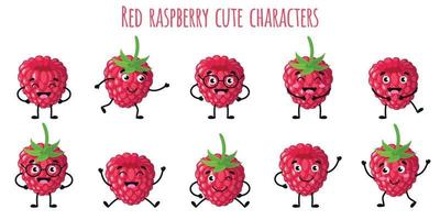 Red raspberry fruit cute funny characters  with different emotions vector