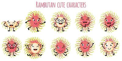 Rambutan fruit cute funny characters with different emotions vector