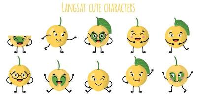 langsat fruit lindos personajes divertidos con diferentes emociones vector