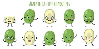 Ambarella fruit cute funny characters with different emotions vector