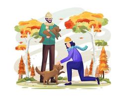 Couple playing together with dogs in autumn. vector illustration