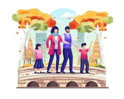 Family taking a walk on the park bridge in autumn. vector illustration