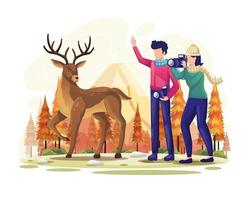 Pareja tomando fotos de un ciervo en la ilustración de vector de bosque de otoño