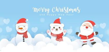 Merry Christmas banner with a cute Santa clause and friends. vector