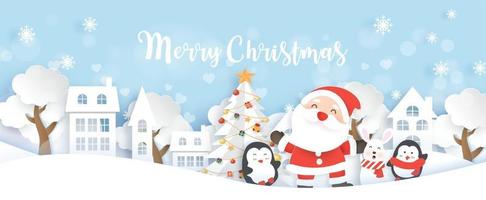 Christmas banner with a Santa Clause penguins and rabbits . vector