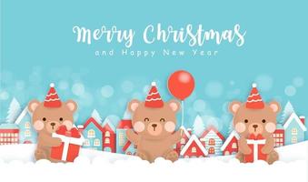 Christmas greeting card with cute teddy bear in paper cut style. vector