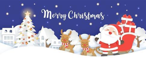 Christmas banner with a Santa Clause and reindeers . vector