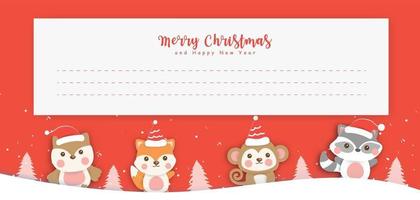 tarjeta de felicitación navideña con lindos animales en el pueblo de nieve. vector