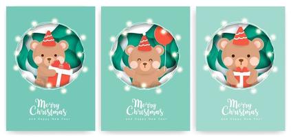 conjunto de tarjetas de felicitación navideñas con lindo oso.