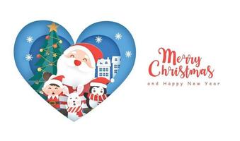 Christmas background with a cute Santa and friends in paper cut style. vector