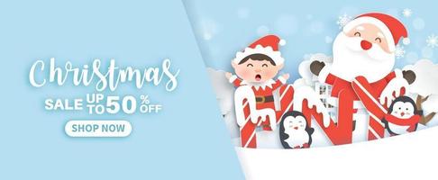 Christmas banner with a Santa Clause and friends. vector