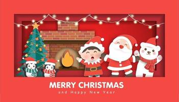 Christmas greeting card with cute Santa clause and friends . vector