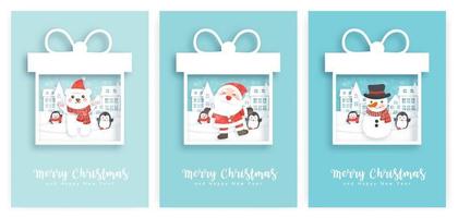 Christmas greeting card with cute Santa clause and friends . vector