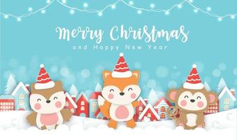 Christmas greeting card with cute animals in paper cut style. vector