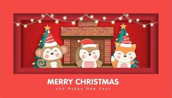 Christmas greeting card in paper cut style. vector