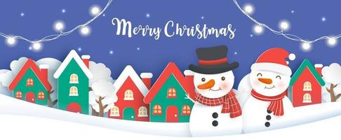 Christmas banner with a snowman in the snow village . vector