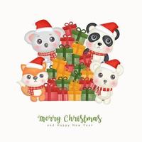 Christmas watercolor with christmas cute animals . vector