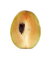 Fresh sapodilla plum with cut on white photo