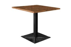 Modern wooden table with steel legs on white backgrounds photo