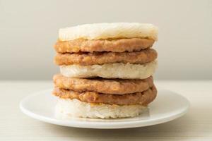 Homemade grilled pork with sticky rice burger photo