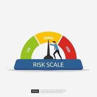 empresario empuja la ilustración del concepto de indicador de flecha de escala de riesgo. vector